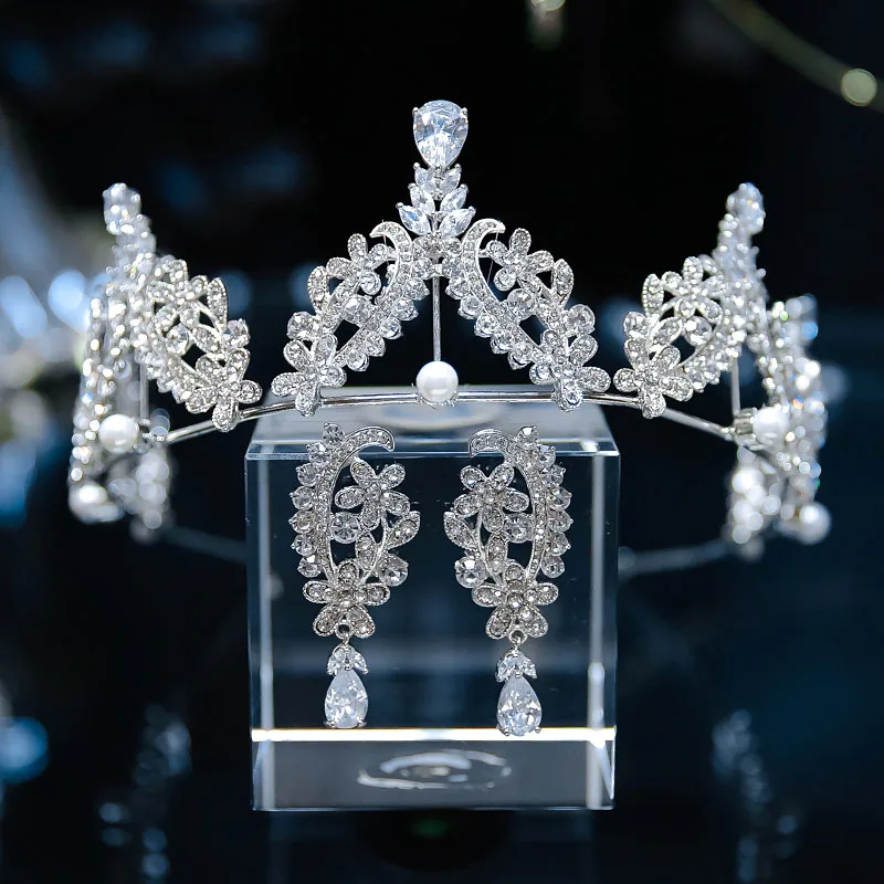 

Zircon Crystal Tiaras Earrings Luxury Flower Princess Crown Evening Dress Headband Bridal Hair Accessories Wedding Jewelry Gifts