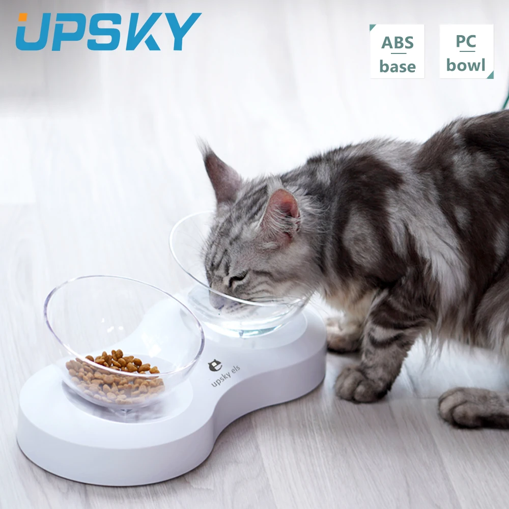 

UPSKY Double Cat Bowls Adjustable 0-20Â° Protect Cervical Spine Raised Stand Cat Food Bowls Water Bowls Non-Slip Cute Pet Feeder