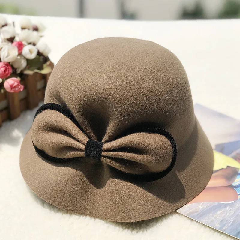 

New Spring Autumn female woolen elegance bowknot bowler fisherman Hat cute Korean version solid color casual street bucket hats