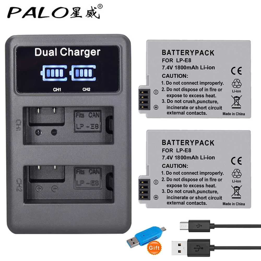 Аккумулятор для фотоаппарата PALO LP E8 LPE8 1800 мАч + зарядное устройство с ЖК дисплеем