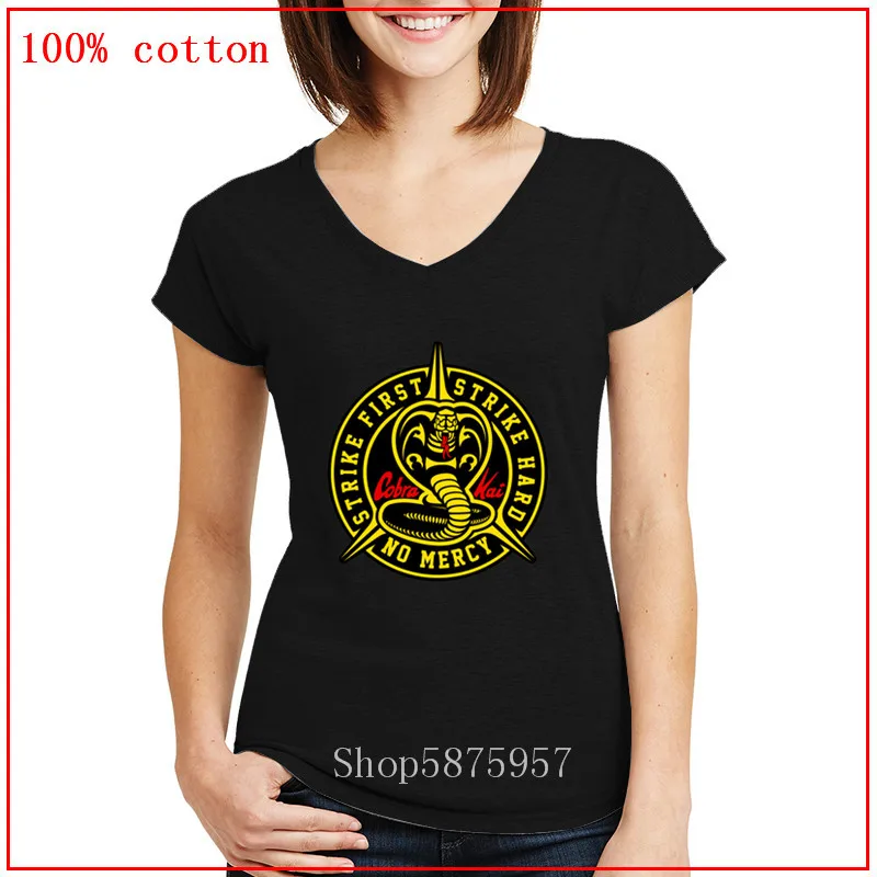 2020 Cobra Kai футболка с v-образным вырезом Женская со змеиным принтом King No Mercy Strike First