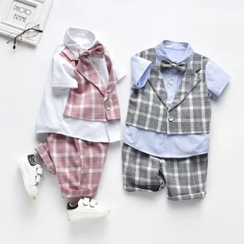 

Handsome Fashion little gentleman summer plaid shirt baby boy girl party children kids clothes 6-36 Months [ shirts + pants ]