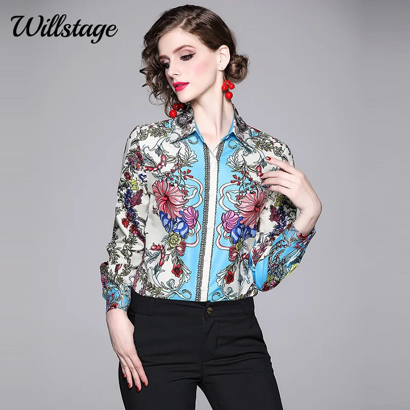 

Willstage Floral shirts women's clothing collar shirt long sleeve printed blouse 2019 Autumn tops elegant work wear OL ladies