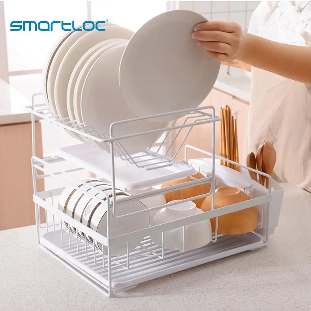 

2 Tier smartloc Iron Dish Rack Kitchen Organizer Storage Drainer Drying Plate Shelf Sink Supplies Knife and Fork Container