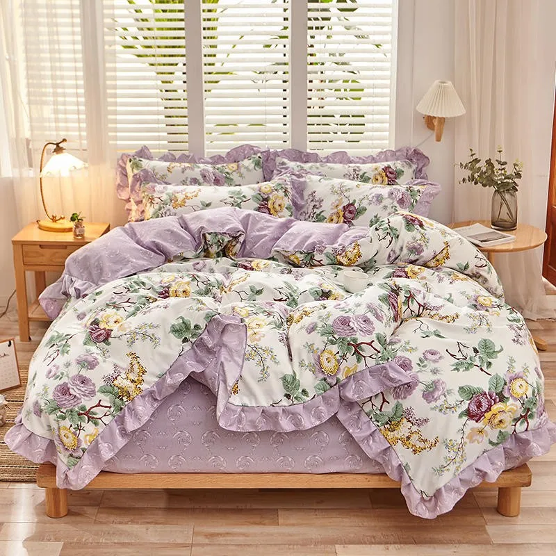 Peony Floral Girls Duvet Cover Set Soft Cotton Brushed Farmhouse Chic Blossom Ruffle 3/4Pcs Bedding set Fitted sheet Pillowcase