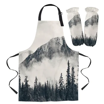 

Mountain Forest Smog Kitchen Aprons Kit Unisex Dinner Party Cooking Bib Funny Pinafore Cleaning Apron Sleeve Baking Gloves