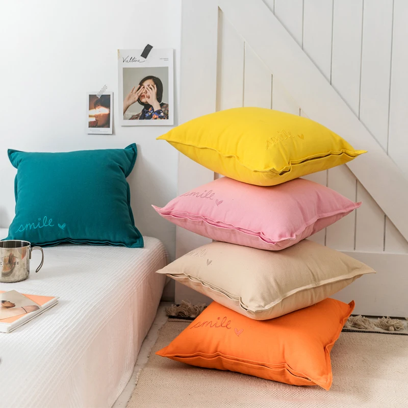 

Colorful Canvas Cushion Cover Pink Blue Green Yellow Grey Solid Pillow Case Home Decorative Square Pillow Cover 45x45cm