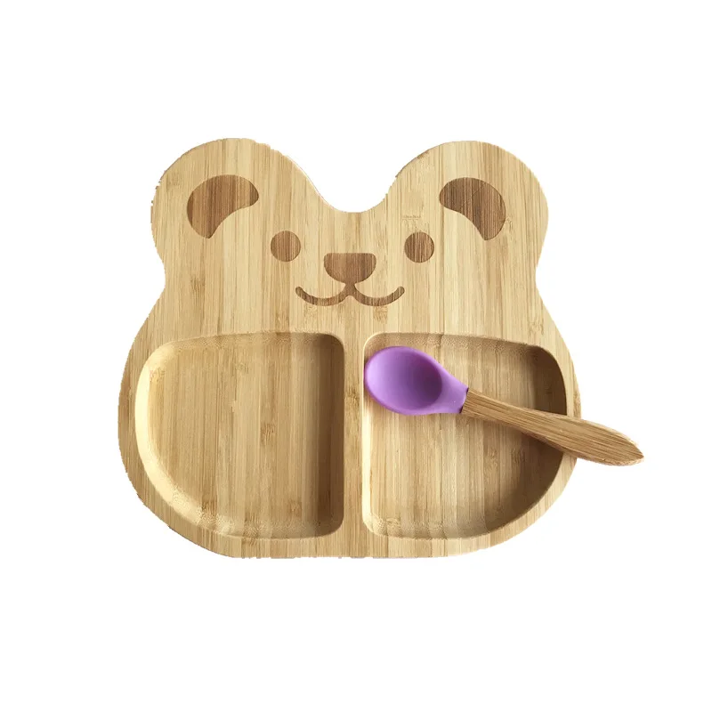 bear purple spoon Детская Чаша на присоске с бамбуковым рисунком, Детская тарелка с присоской, набор силиконовых ложек, овца, Детская тарелка, бамбук - Цвет: bear purple spoon