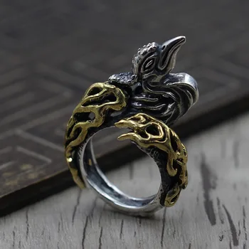 

S925 Sterling Silver Retro Unique Ring Personality Engraved Fire Phoenix Opening Ring Thai Silver Old