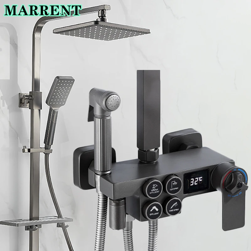 

Серый термостатический набор для душа для ванной комнаты, качественная латунная модель, дождевая Лейка из АБС, серая цифровая Душевая система для ванной комнаты