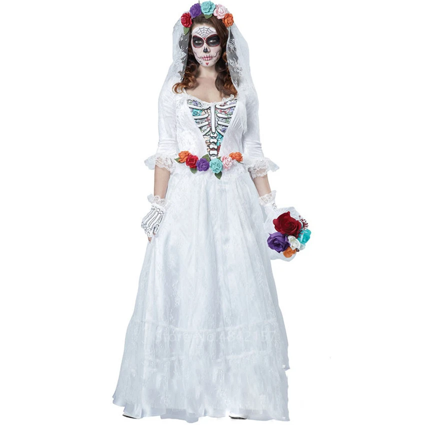 Платье для Хэллоуина с изображением скелета невесты, страшный череп, косплей, женский костюм, зомби, ночной клуб, карнавальные, вечерние, жуткие, необычные, День мертвых