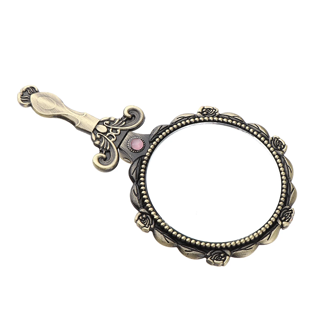 Vintage Round Handheld Makeup Vanity Folding Compact Mirror With Handle