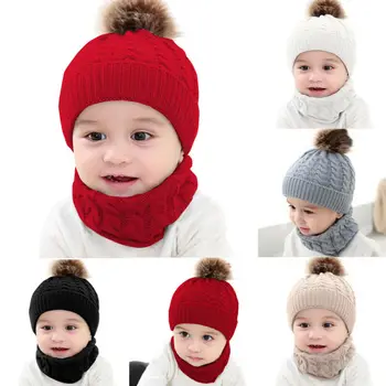 

2019 Fashion Trend 2PCS Cute Toddler Kid Girl Boy Baby Infant Winter Newest Warm Crochet Knit Hat Beanie Casual Solid Cap Sets