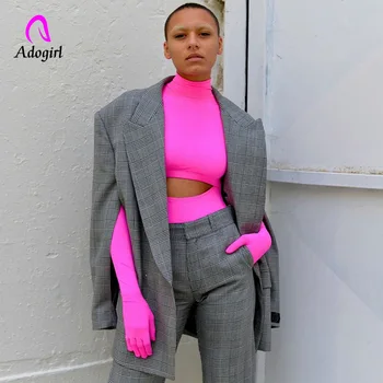 

Neon Rosy Solid Gloves Bodysuit Women Sexy Bodycon 2020 Spring High Street Slim Top Night Club Party Rompers for Woman Outfits