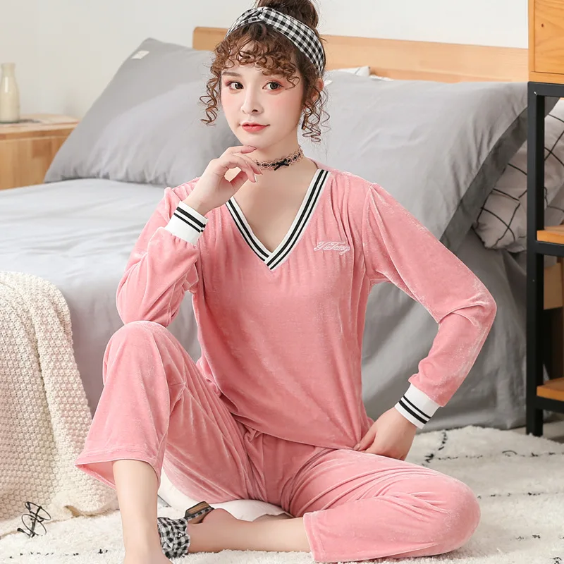 

Autumn and Winter V-neck Plush Pajamas Women's Long Sleeve Warm Solid Color Large Home Wear Set Female Pyjamas