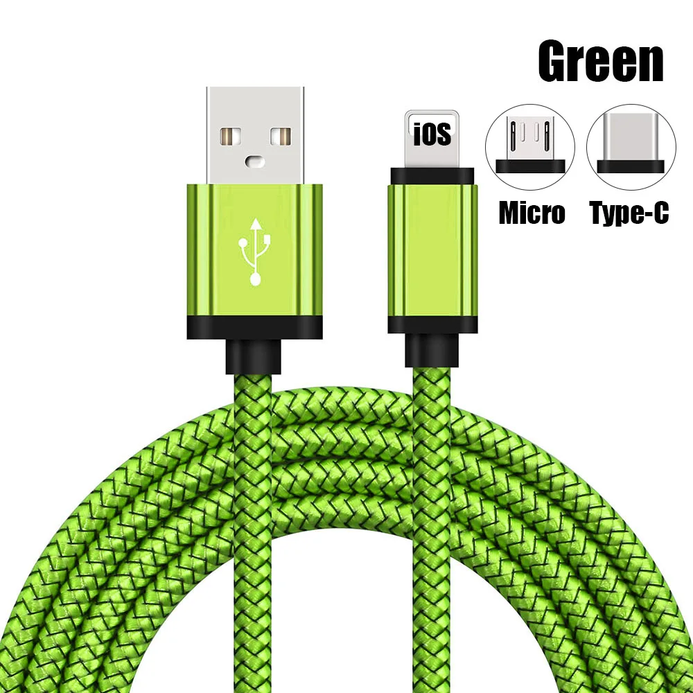 Green Micro Cable 1 м/2 м/3 м плетение зарядный кабель Micro USB/type-C/iOS Синхронизация данных Шнур для iPhone 8 7 6 Plus 5 для samsung S8 S7 S6 Note 5 4 лот - Цвет: Green Micro Cable