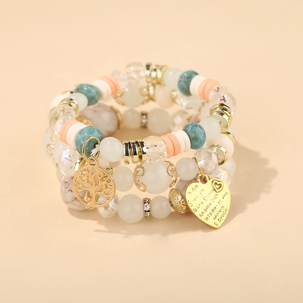 

New 8 Colors Bohemian Multicolor Elastic Rope Beads Bracelet Women Girls Gift Tree Heart Charm Wrap Bracelet pulseira feminina
