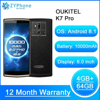 Перейти на Алиэкспресс и купить OUKITEL K7 Pro 6,0 дюймFHD 18:9 Android 9,0 смартфон MT6763 Octa Core 4 ГБ 64 ГБ 10000 мАч Face ID 9В/2A Quick Charge мобильный телефон