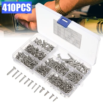 

410pcs Stainless Steel Assorted Box Of Pan Head Self Screws Fasteners Wood Screws Kit For Hardware Tools