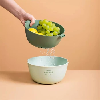 

U&O Kitchen Double Drain Basket Bowl Rice Washing Colander Basket Strainer Noodles Vegetable Fruit Storage Basket Kitchen Tool