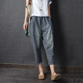 

2020 Spring Summer Arts Style Women Elastic Waist Casual Pants Vintage Stripe Cotton Linen Loose Harem Pants Plus Size S744