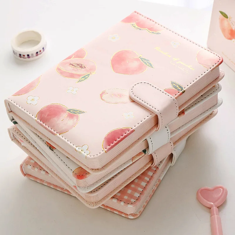 Cute Mini Peach Design A6 Magnetic Closure Planner Notebook Leather Blank Diary Colorful Journal Girl Student Stationery Supply