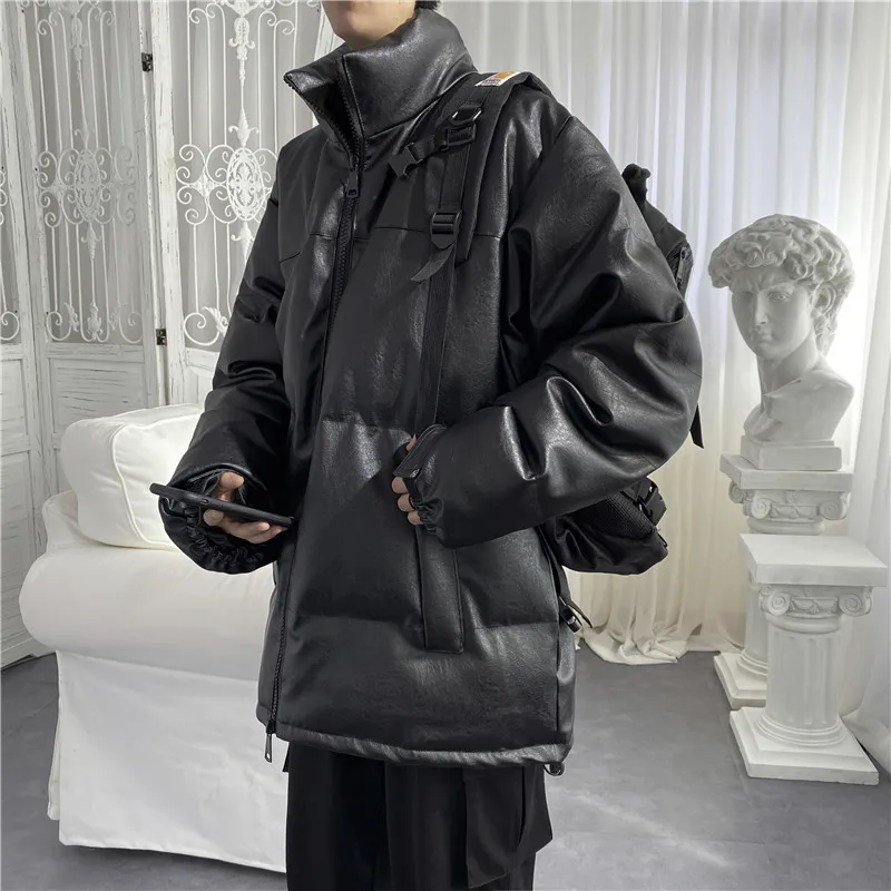 Buy Winter Thick Leather Jacket Men's Warm Parka Men Fashion Cotton Stand Collar Leather Coat Man Streetwear Motorcycle Jacket Mens