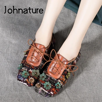 

Johnature Flats Women Shoes 2020 New Mixed Colors Lace-up Round Toe Shallow Casual National Style Handmade Cloth Ladies Shoes