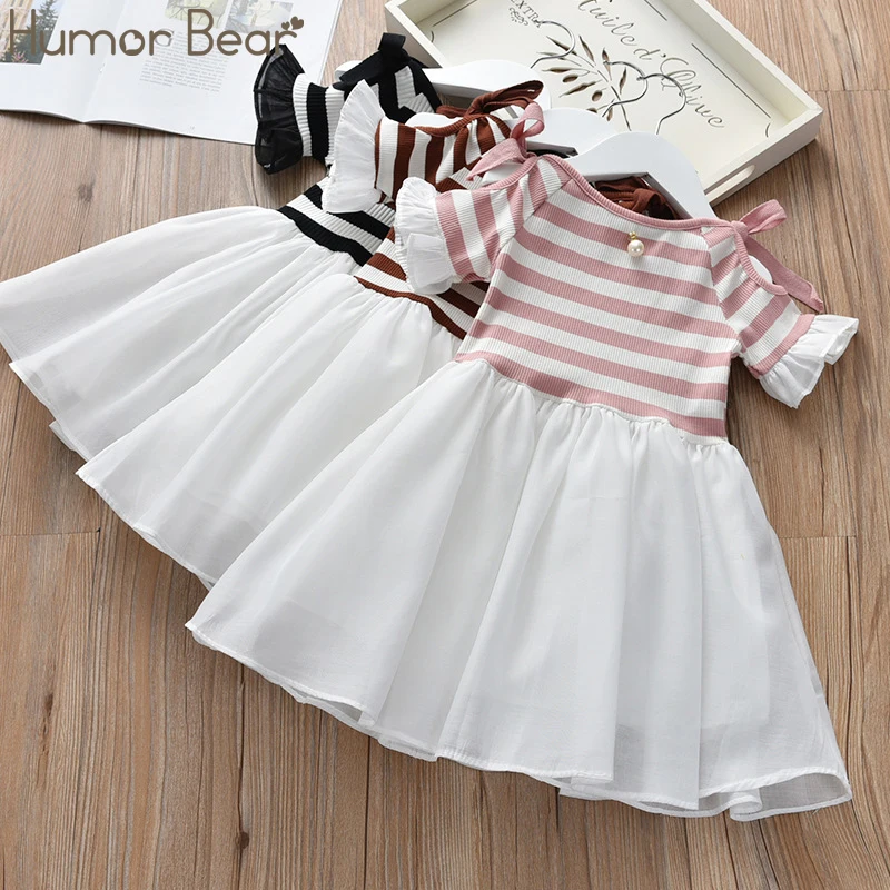 Humor Bear/Новинка года, платье для маленьких девочек новое летнее Сетчатое платье в полоску с короткими рукавами и бантом платье принцессы для девочек, одежда