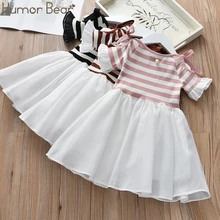 Humor Bear/Новинка года, платье для маленьких девочек новое летнее Сетчатое платье в полоску с короткими рукавами и бантом платье принцессы для девочек, одежда