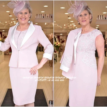 빈티지 2024 신부 어머니 드레스, 웨딩 핑크 재킷 포함, 레트로 무릎 길이, 격식 있는 파티 손님용 가운, 세트 여성