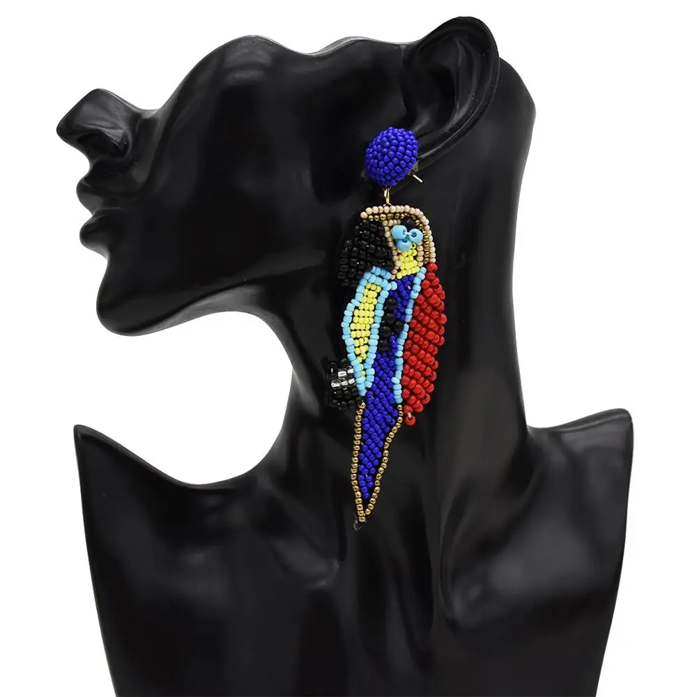 

Boho Ethnic cartoon parrot rice beads Tassel Earrings 2019 fashion temperament Handmade Statement Party Dangle Drop Earring Gift