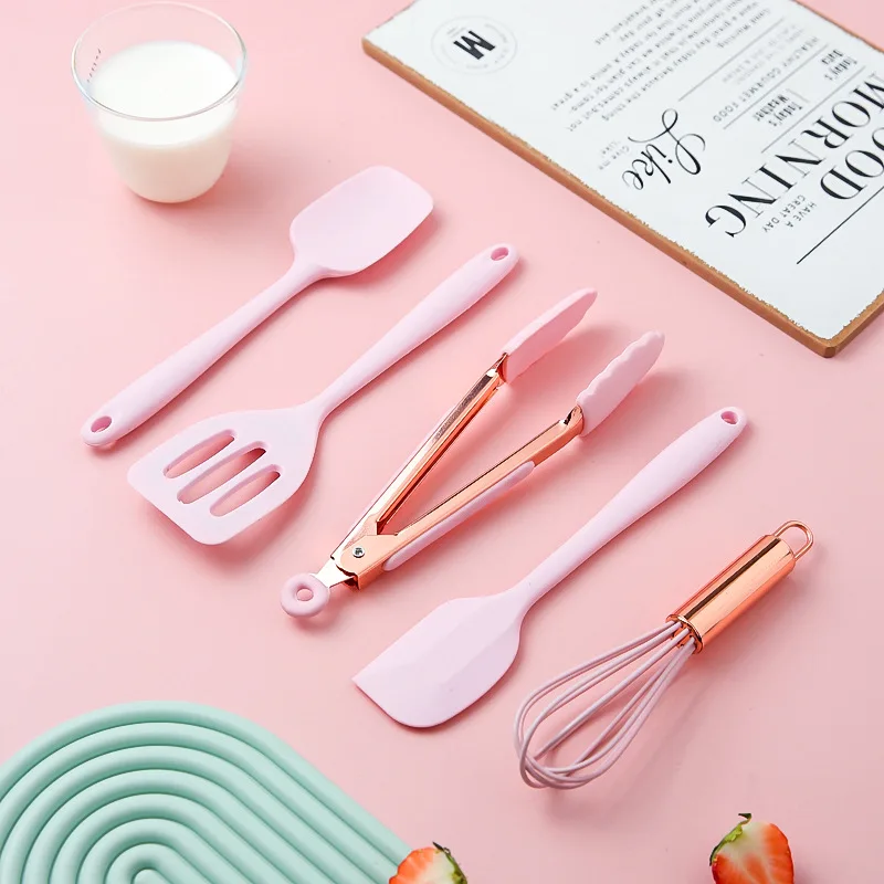 Multipurpose Kitchen Cake Tool Set Silicone Scraper Oil Brush Egg Whisk Spatula Cooking Utensil Pink Kitchenware