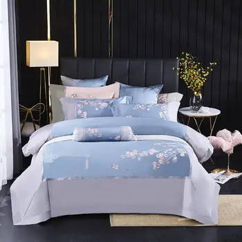 

41 100% Egyptian Cotton Bedding Queen King size 4Pcs Cherry blossoms pattern blue color Duvet Cover Bed sheet Pillow shams