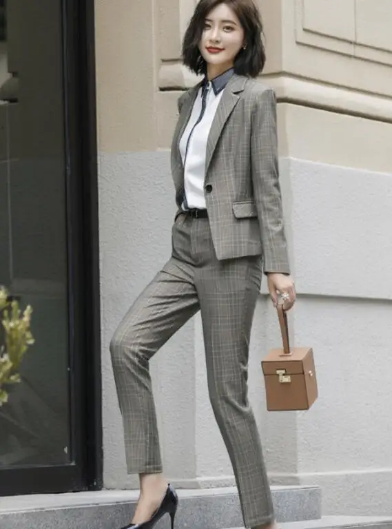 Yellow coat pants Высокое качество модные клетчатые брюки Костюмы Набор для женщин бизнес с длинным рукавом Блейзер и брюки для офисных леди размера плюс Рабочая одежда - Цвет: Yellow coat pants