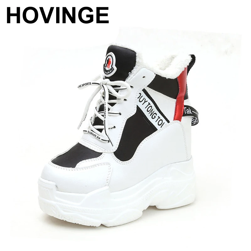 

HOVINGE New Winter Women Ankle Boots 11CM Heels High Top Wedge Boots Warm Fur Platform Leather Sneakers Cotton Snow Boots