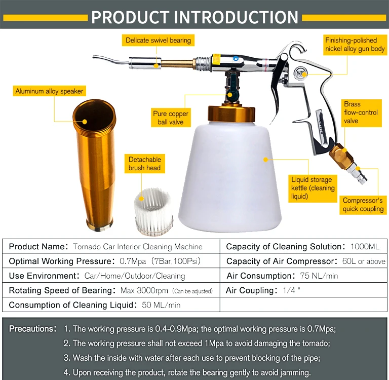 Автомойка высокого давления для Tornador, портативный внутренний пистолет для глубокой очистки, мойка, уход за кокпитом, с щеткой, работающей на воздухе