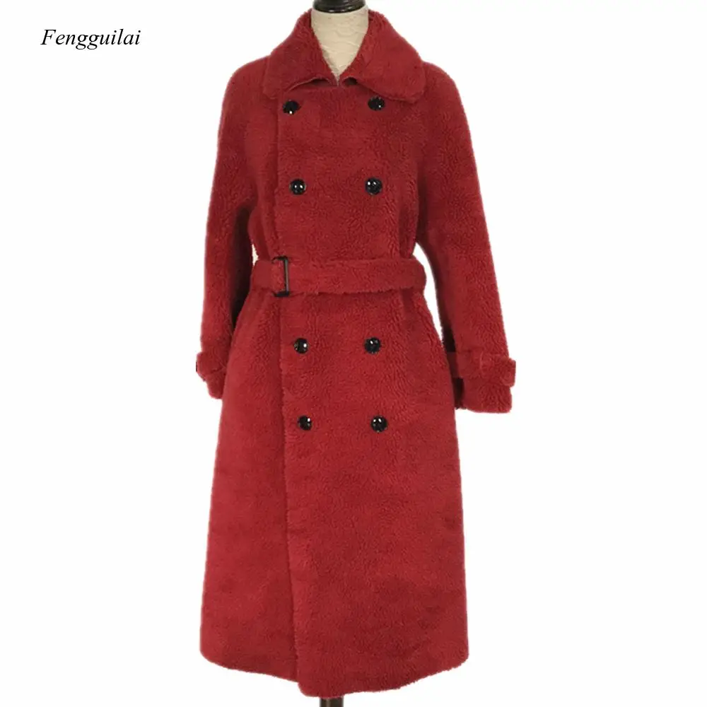 Fur Coat Women Winter Coat with Belt Lapel Collar 2021 New Leather Coat Woolen Jacket Outwear