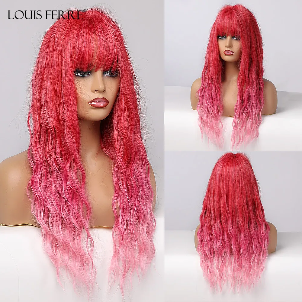 LOUIS FERRE largo degradado rojo rosado pelucas sintéticas azul púrpura Cosplay peluca con Bnags para las mujeres negras resistente al calor de fibra