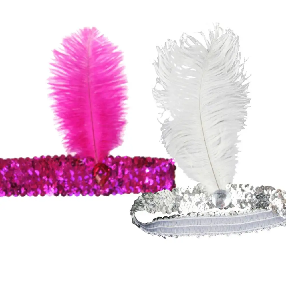 Ladies Ostrich Feather Elastic Sequins Belt Headband Flapper Indian Hairband