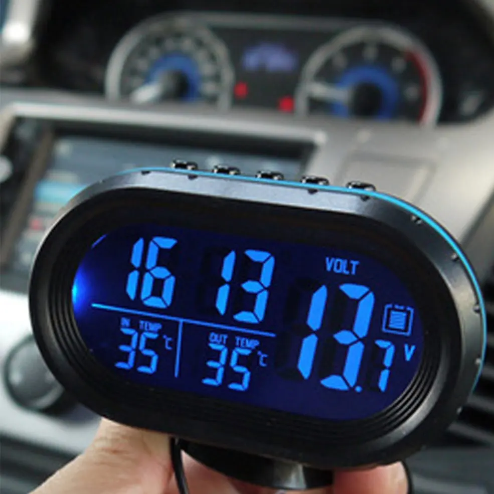 2 in 1 12V / 24V Digital Auto Car Thermometer + Car Battery Voltmeter Voltage Meter Tester Monitor + electronic Clock hot sale