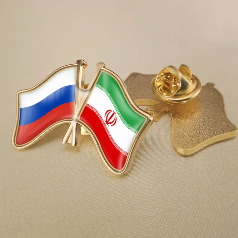 

Russian Federation and Iran Crossed Double Friendship Flags Lapel Pins Brooch Badges