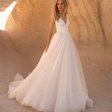 

Simple Beach Wedding Dresses 2021 Tulle Satin A Line Princess Bridal Dress V Neck Robe De Mariee Custom Made Lady Simple Beach