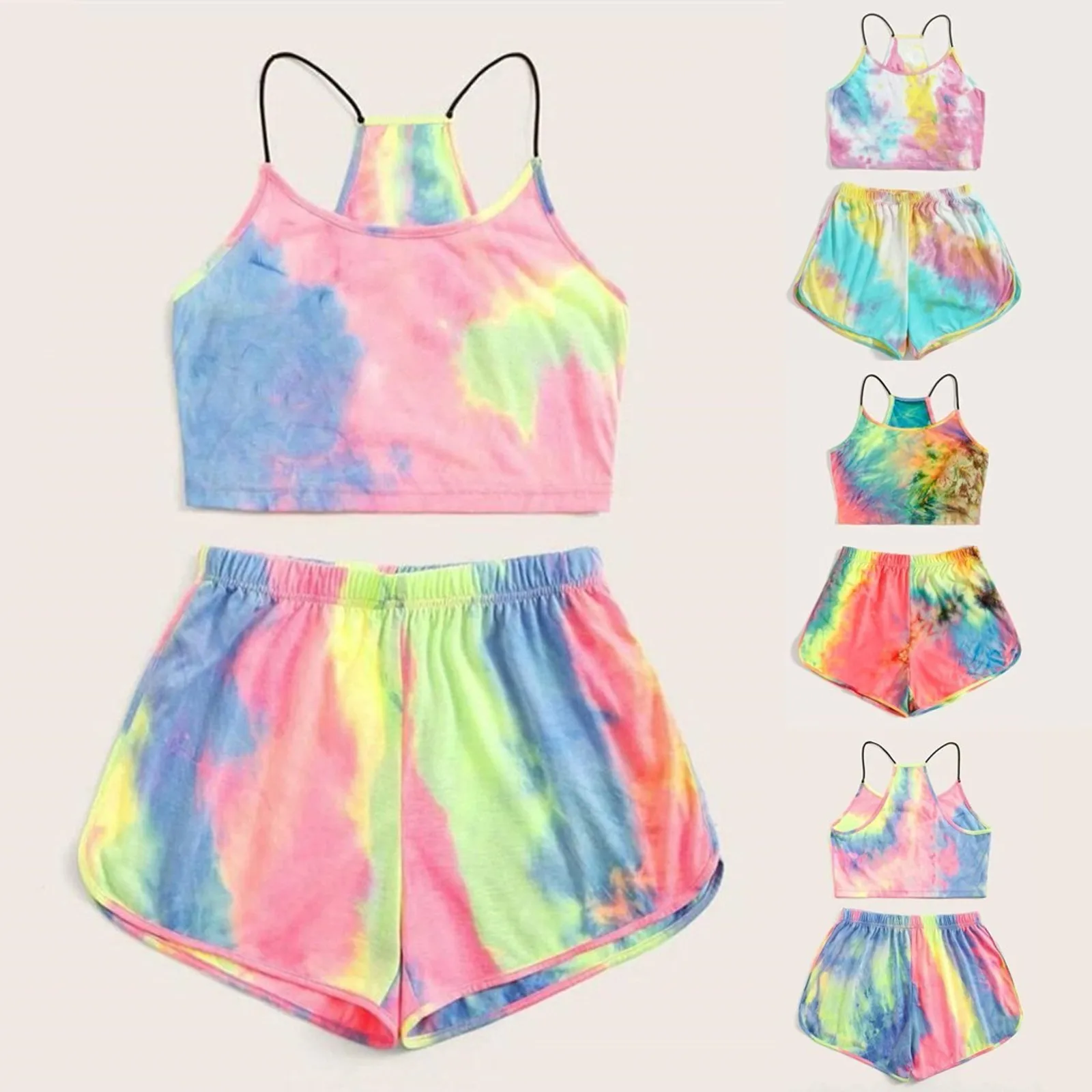 Two Piece Summer Women Yoga Set Women Sleeveless Strappy Short Tie-dye Print Camisole Belt Top And Pants Suit Clothes Mujer 1