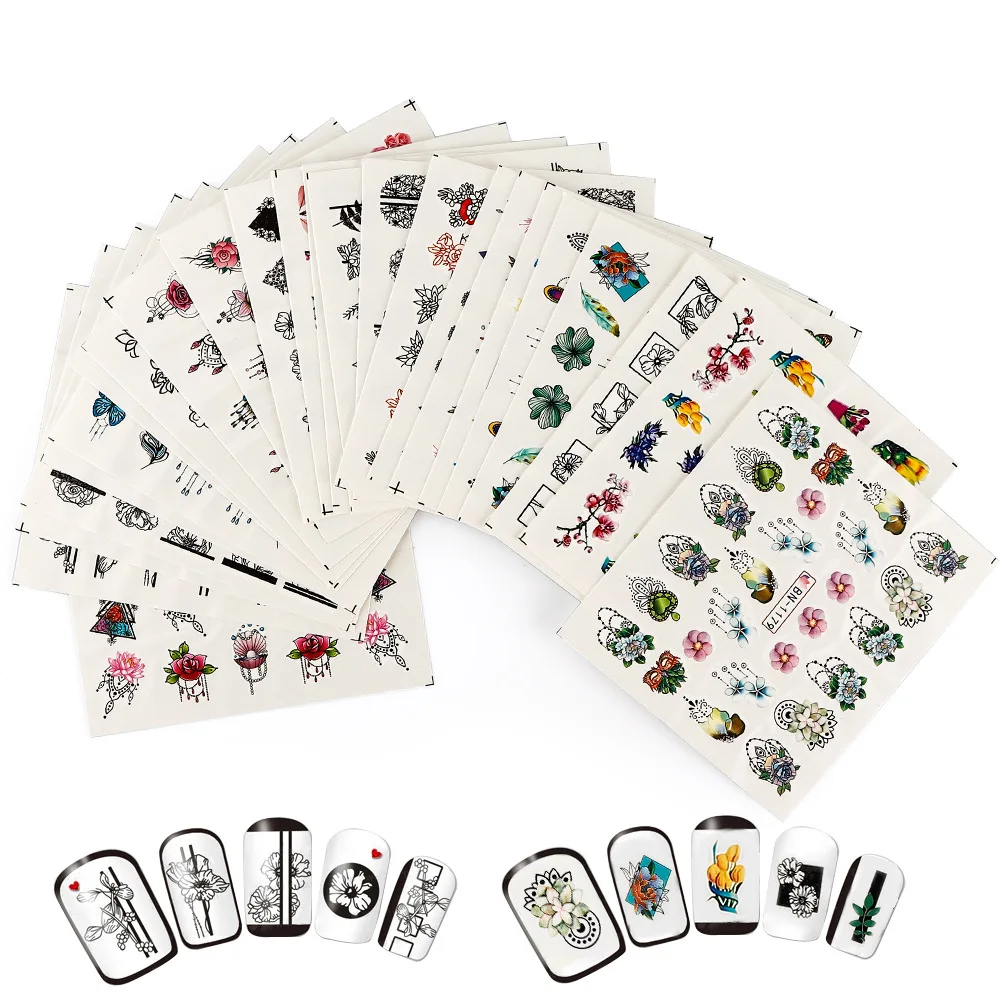 24pcs Nail Stickers Water Transfer Adhesive Decals Jewel Flower Full Stickers Watermark Nail Art Decoration Manicure Tattoo Tips