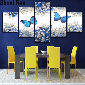 

white flower blue butterfly 5d diy diamond painting full square round diamond embroidery 5pcs 3d picture for living room decor,