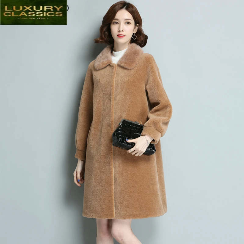 

Winter Natural Wool Autumn Jacket Women Sheep Sheared Coat Female Parka Real Mink Fur Collar Elegant Warm Clothes LWL1362