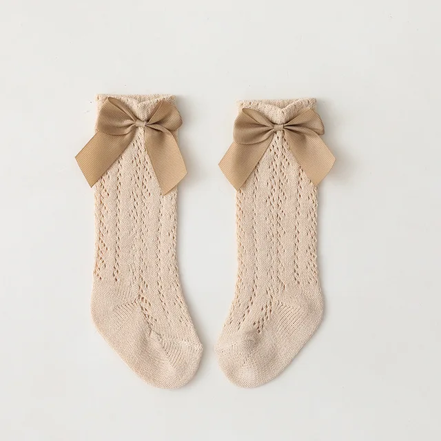 0-7 Years Summer Kids Socks With Bow Baby Girls Long Sock Knee High Cotton Hollow Out Toddlers Socks Mesh Children Princess Sock Khaki
