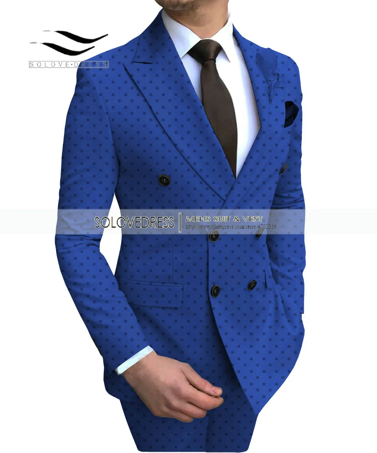 blue Men's 2 Pieces Poika dot Bussiness Suit Double Breasted Regular Fit Notch Lapel Prom Tuxedos For Wedding/Party(Blazer+Pants - Color: blue