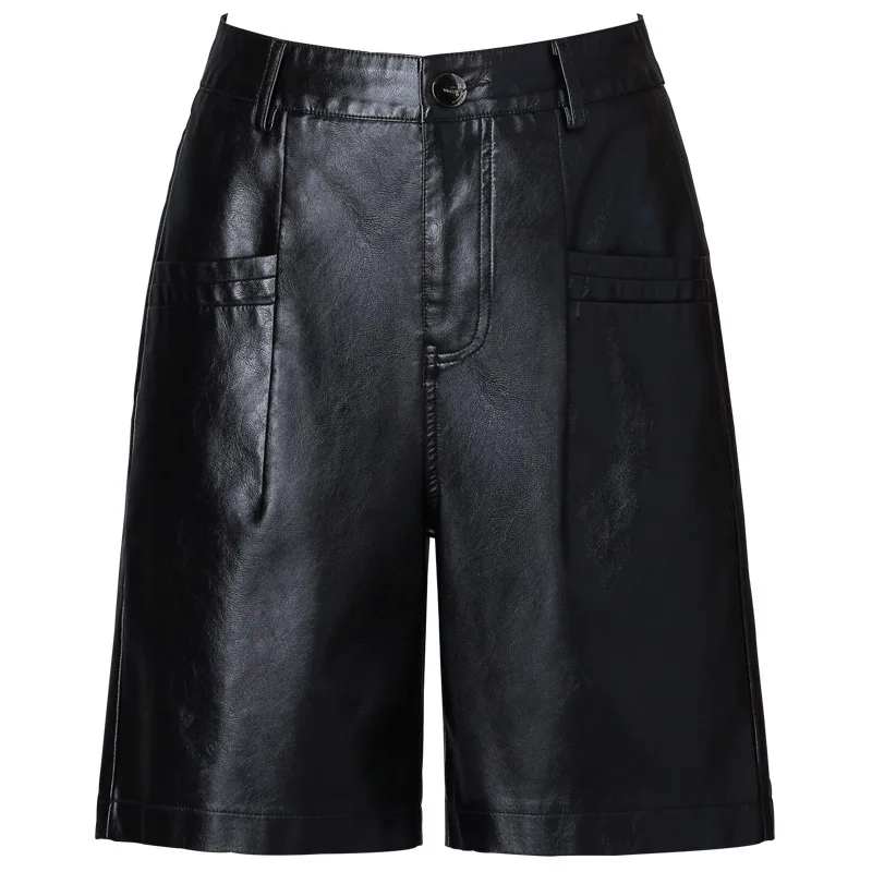 PU Leather Shorts Women 2020 New Korean Style Autumn Winter High Waist All-match BF Wide Leg Five-Point Casual Shorts Slim Fit